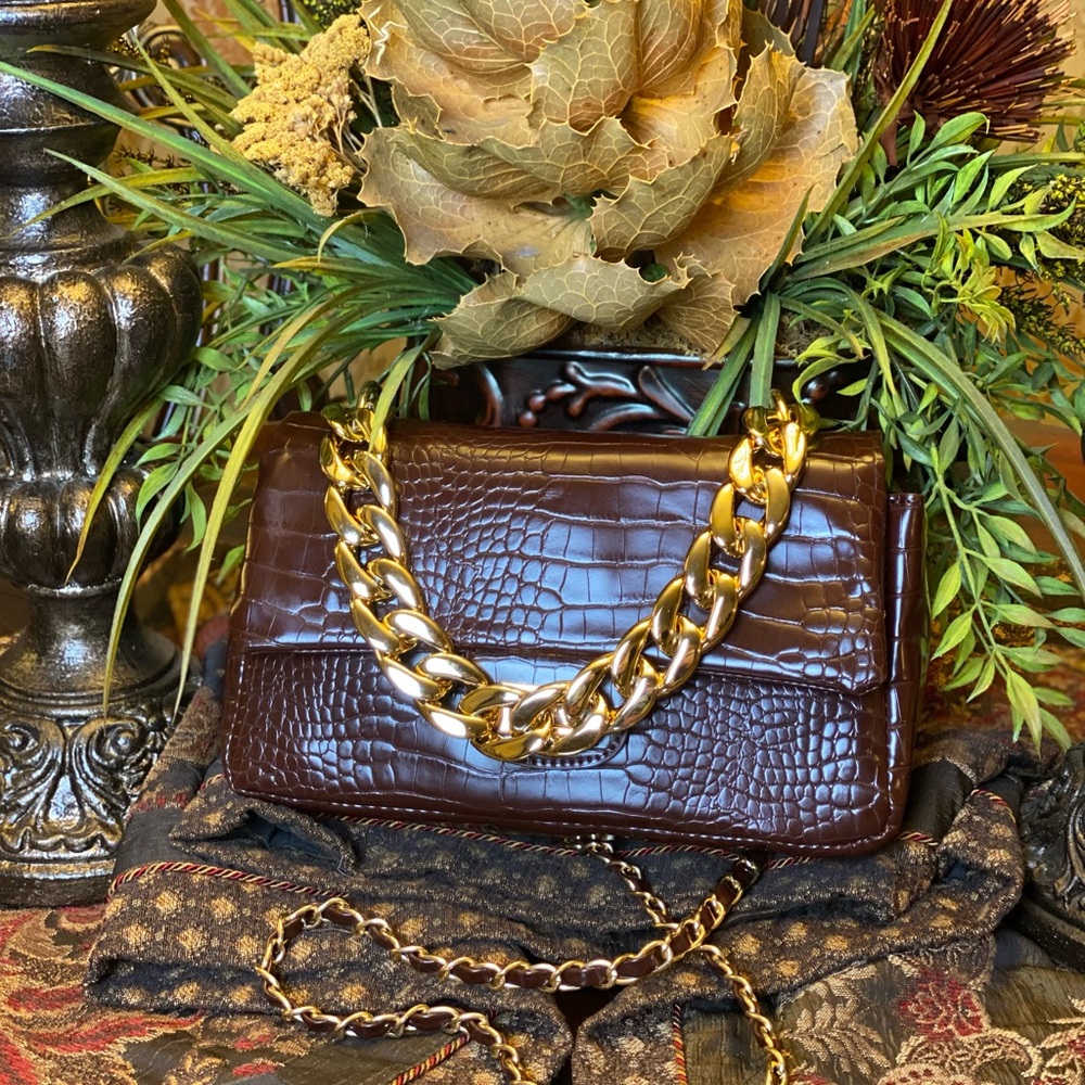 Chic Brown Crossbody Bag with Gold Accents